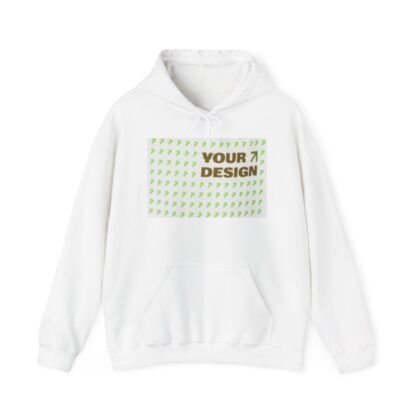 White Hoodie with Green Pattern "Your Design" Print — Minimal Graphic Hooded Sweatshirt
